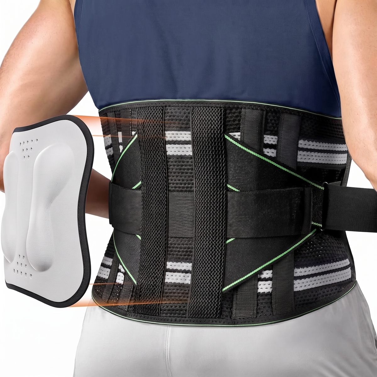 SpineSway CoreFusion Support Belt in green, worn on the lower back with the removable 3D pad alongside