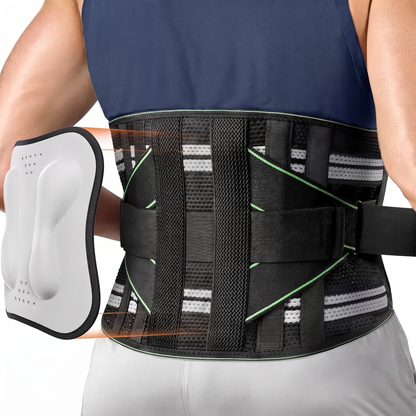SpineSway CoreFusion Support Belt in green, worn on the lower back with the removable 3D pad alongside