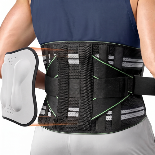 SpineSway CoreFusion Support Belt in green, worn on the lower back with the removable 3D pad alongside