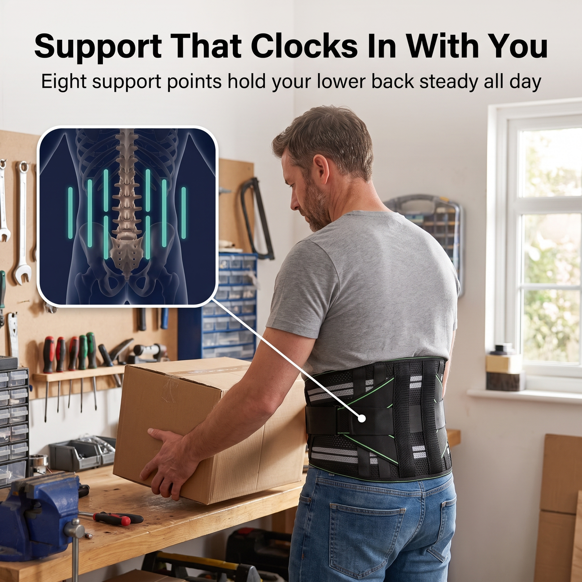SpineSway CoreFusion Support Belt worn while lifting a box, with the eight support points illustrated
