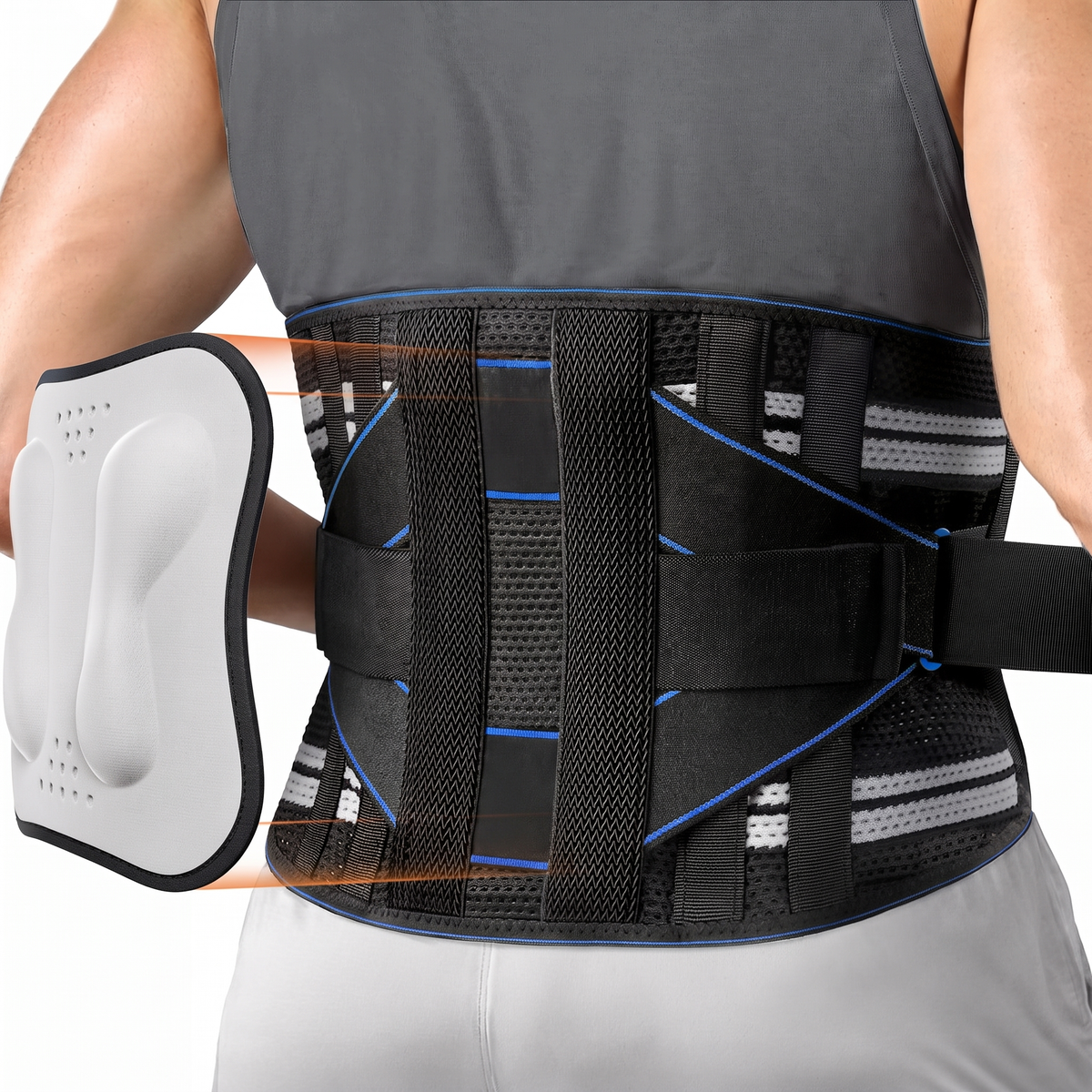 SpineSway CoreFusion Support Belt in blue, worn on the lower back with the removable 3D pad alongside