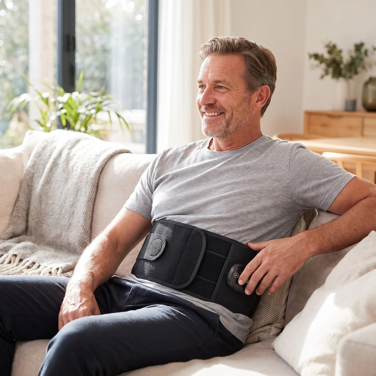 SpineSway ThermaFusion Belt worn at home on the sofa