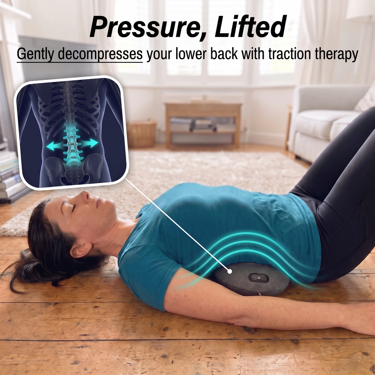 Pressure lifted: gently decompresses your lower back with traction therapy
